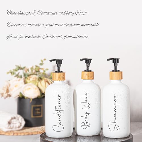 Glass Shampoo and Conditioner Pump Bottles Soap Dispenser Bamboo Pump Head Empty Glass Refillable Shampoo Conditioner Body Wash Soap Bottles for Bathroom, 17 oz, 3 Pack, White - color: White, size: Shampoo + Conditioner