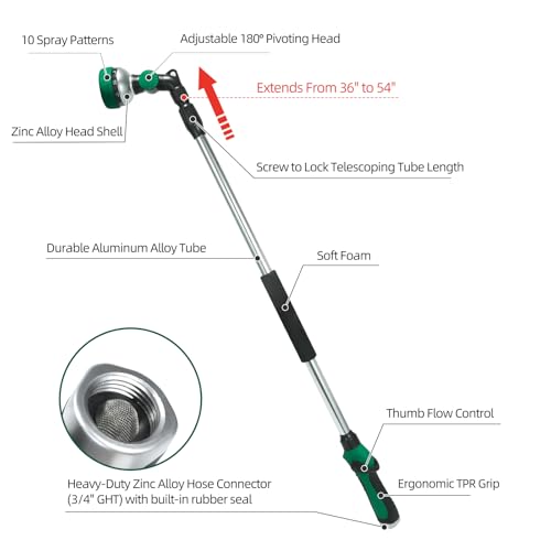 Telescoping Watering Wand for Garden Hose, 36”-54” Adjustable, 10 Spray Patterns, Heavy-Duty Hose Nozzle with Thumb Control & Pivoting Head, Ideal for Hanging Baskets and Shrubs, Green - color: Green