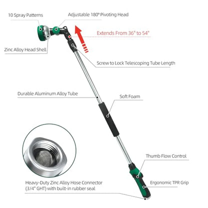 Telescoping Watering Wand for Garden Hose, 36”-54” Adjustable, 10 Spray Patterns, Heavy-Duty Hose Nozzle with Thumb Control & Pivoting Head, Ideal for Hanging Baskets and Shrubs, Green - color: Green