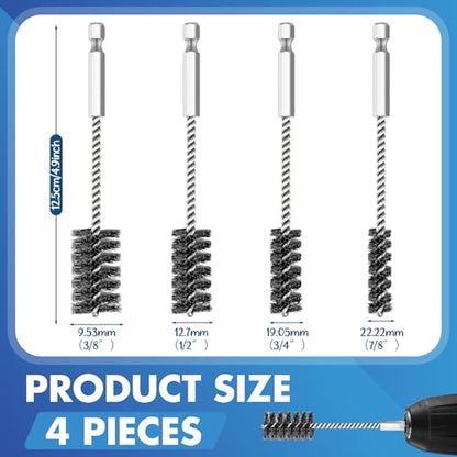 Hicarer 4 Pcs Stainless Steel Wire Brush for Drill Bore Brush Set with Hex Shank Handle Wire Brushes for Drill Ports Tubes Bearings Cleaning Parts Attachments and More, 3/8'', 1/2'', 3/4'', 7/8''