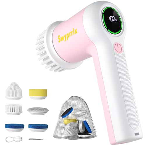 Electric Spin Scrubber for Bathroom and Shower Cleaning SD-CTB02 | 2 Speeds Cordless Power Cleaning Brush, 6 Replaceable Brush Heads, IPX7 Waterproof, For Bathroom, Sink, Tile, Kitchen, Grout - color: Pink