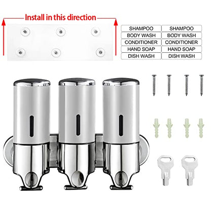 No-Drill 3 Pack 500ml Wall Mounted soap Dispenser for Bathroom and Kitchen, Shampoo and Conditioner Dispenser Drill Free with Adhesive(Round-Silve) - color: Silver-1