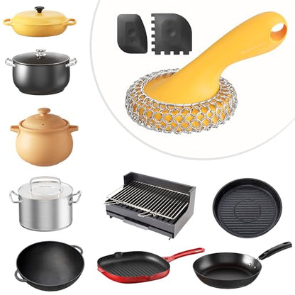 SUBEKYU Cast Iron Scrubber with Silicone Handle, Stainless Steel Skillet Cleaner for Cast Iron Pans (Yellow Scrubber + Scraper) - color: Yellow Scrubber + Scraper