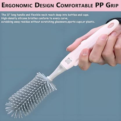 Baby Bottle Brush Set 3-in-1, Silicone Brush with Wall Mount Holder, 11" Long Handle + Nipple Brush + Straw Cleaner for Cups & Straws – BPA Free (Pink) - color: Pink