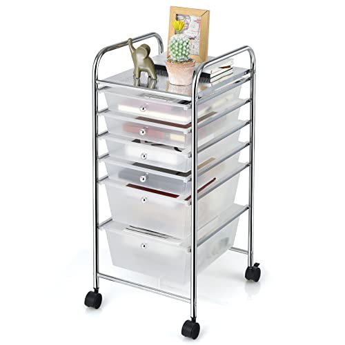 Giantex 6 Storage Drawer Cart Rolling Organizer Cart for Tools Scrapbook Paper Home Office School Multipurpose Mobile Utility Cart (Clear White) - color: Clear White, size: 6 Drawer-13.5"x17"x30"