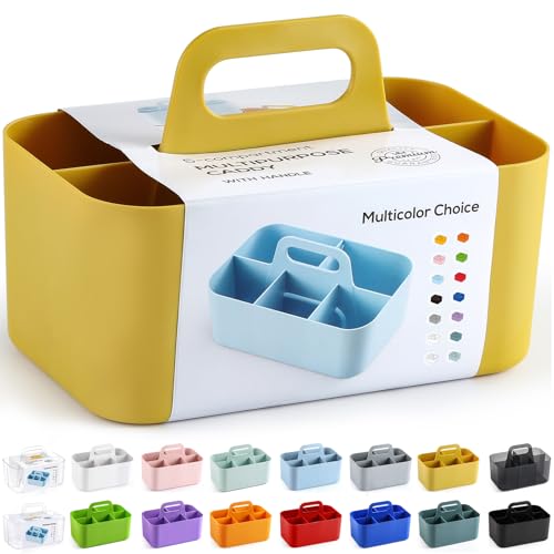 Multiuse Caddy Organizer with Handle, Portable Divided Plastic Tote Bin - Art Craft, Stationary Pen Marker Crayon, Makeup Hair Supplies Storage - Bathroom, Classroom, Dorm, Office, Desk Holder -Yellow - color: Yellow