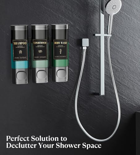 Luxspire Shampoo and Conditioner Dispenser, No Drill Wall Mounted Shower Soap Dispenser 3 Chamber with Waterproof Labels, Easy Refill Soap Dispenser for Bathroom Hotel Kitchen, Gray - color: Gray, size: 3 Chamber