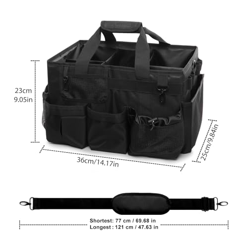 Large Cleaning Caddy Bag with Built-in Support Board, Wearable Cleaning Supplies Organizer with Adjustable Shoulder Strap & Waist Belt, Waterproof Heavy Duty Tote for Housekeepers Car Detailing - color: Black