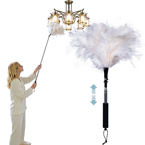 Extendable Feather Duster 22–47 Inch, Long Handle Ceiling Fan Duster for High Ceilings, Cobweb Duster, Natural Ostrich Feather Cleaner for Furniture & Blinds(White) - color: White