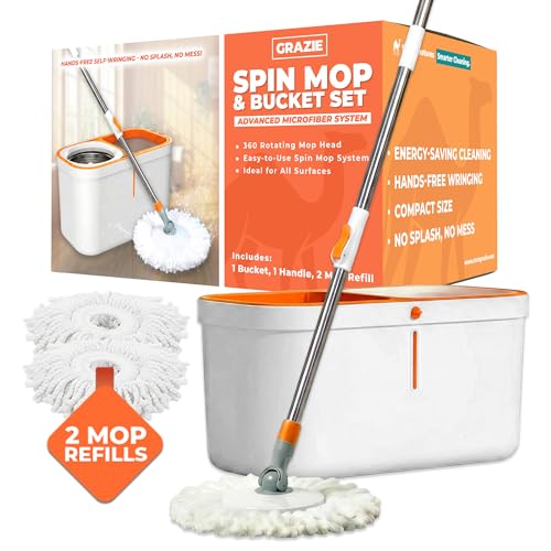 Grazie Spin Mop & Bucket Set - 360° Self-Wringing System, Stainless Steel Handle - Hands-Free Floor Cleaning for Hardwood, Tile, Laminate - Includes 2 Washable Microfiber Mop Head Refills - size: White Mop Bucket + 2 Mop Heads