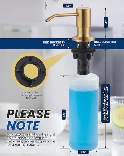 Built in Kitchen Sink Soap Dispenser: Stainless Steel Pump Head with 17 Ounce Large Soap Bottle, Easy Top Refill Design – No Bending Down for Countertop, Brushed Gold - color: Brushed Gold