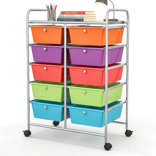 COSTWAY 10 Drawer Rolling Storage Cart, Mobile Utility Cart with Metal Frame & Lockable Wheels, Art Supply Craft Organizer, Multipurpose Drawer Cart for Paper for Office, School, Multi-color - color: Multi-color, size: 10 Drawer