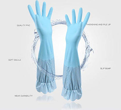 RARITYUS Household Kitchen Cleaning Gloves Waterproof Cotton Lined Dishwashing Non-Slip Long Cuff Gloves - color: B Blue