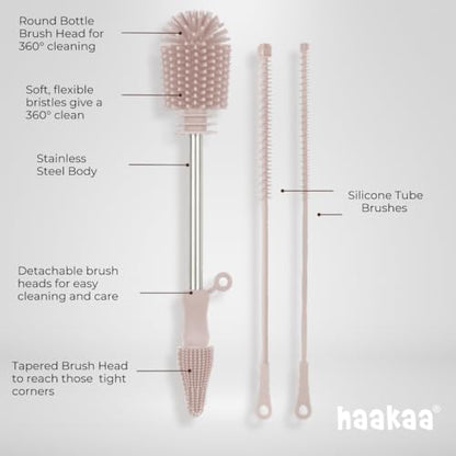 Haakaa Silicone Cleaning Brush Kit – Household Cleaning Brushes for Bottles and Crevices – Food-Grade Silicone: Dishwasher Safe (Kit-Grey) - color: Kit-grey