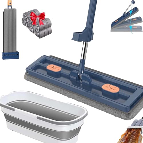 New Upgraded Large Flat Mop and Bucket Set,360 Rotation Flat Mop with Bucket with 6 Microfiber Pads,for Tile,Hardwood,Windows Wet and Dry(Blue) - color: Blue With Bucket