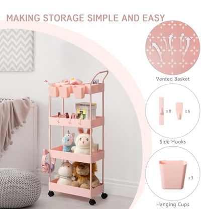 Danpinera 4-Tier Pink Slim Storage Cart, Narrow Laundry Cart with Wheels, Dividers, Hanging Cups, Hooks, Easy Assembly - style: 4 Tier Pink