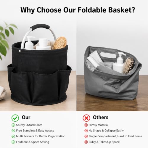 Foldable Cleaning Caddy Bag, Cleaning Supplies Organizer, Portable Multifunctional Cleaning Bucket Caddy with Handle for Household Outdoor Storage(Black)