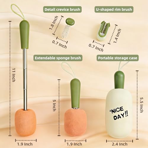 4-in-1 Portable Bottle Brush Cleaner Set, Water Bottle Cleaning Brush with Long Extendable Handle, Sponge Cup Brush, Rim & Crevice Brush, Travel Case for Baby Bottles, Tumblers, Glassware