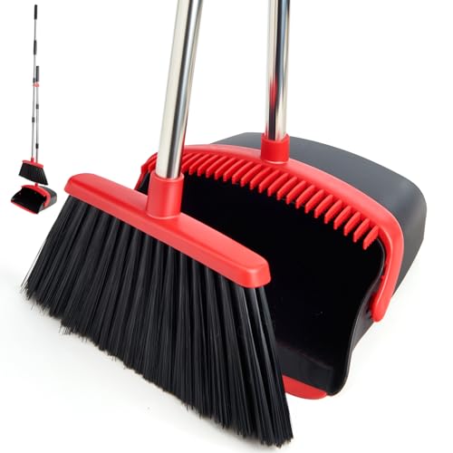 Broom and Dustpan Set with Long Handle, Heavy Dust Broom and Dustpan Combo for Home，Kitchen, Office, Pet Hair (Black Red) - color: Red Black 1-pack