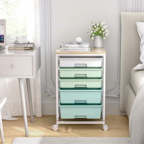 SYKIARIOL Utility Cart with 5 Drawers,Storage Cart with Wooden Tabletop and Lockable Wheels,Craft Storage Trolley Organizer,5-Tier Rolling Utility on Wheels,Light Green - color: Green