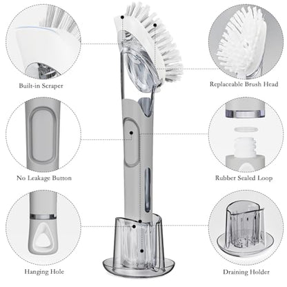 Soap Dispensing Replacement Dish Brush Storage Set with 2 PCS Brush Refills & Holder - RIMAY Dispenser Scrub Cleaning Scrubber Kitchen Dishwashing Dish Wand Handle for Dishes/Pans/Pots/Sink(Grey) - color: Gray