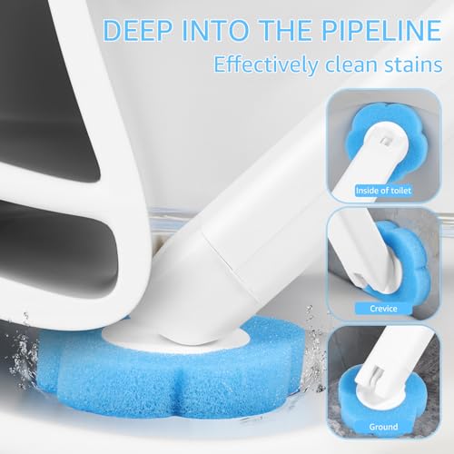 Toilet Cleaning Kit Wall Mounted Toilet Brush with 24 Refills Gray White Extended Handle Replacement Heads 360 Deep Cleaning Comfortable Grip for Bathroom - color: Handle+24 Refills