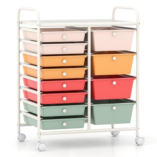 LDAILY 12 Drawer Rolling Storage Cart, Rolling Cart with Drawers for Classroom, Art Supply Craft Organizer on Wheel with Metal Frame & Handles for Home Office School (Macaron, 12 Drawer Left-Right) - color: Macaron, size: 12 Drawer Left-Right