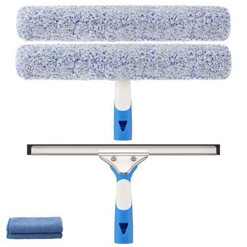 Mitclear Professional Window Cleaning Kit 14IN, Windows Cleaner Tool with Silicone Squeegee, Microfiber Scrubber & Cloth, Window Washing Equipment or Home Shower Glass Doors Car Windshield - size: 14 IN