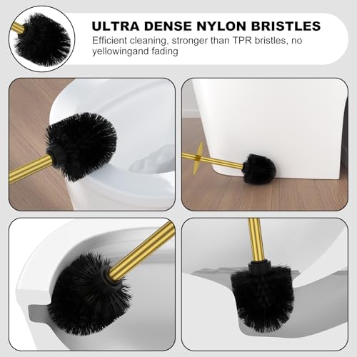 Brass Gold Toilet Brush and Holder Set，Stainless Steel Heavy Duty Toilet Bowl Brush，Extra Long Handled Modern Toilet Cleaner Brush with Replaceable Head, Removable Inner Bowl, and Splash Protection - color: Brass Gold, size: 1 Pack