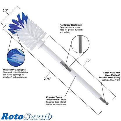 RotoScrub Bottle Brush - Drill Accessory - Clean Water Bottles, Coffee Mugs, Cups, Pots, Glasses, Jars, Blenders & Pitchers - color: White/Blue, size: Bottle Brush - 1 Piece