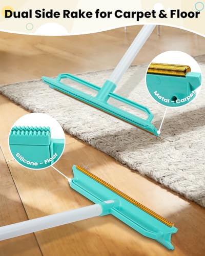 Carpet Rake for Pet Hair Removal | 5-in-1 Dual-Sided, Rubber & Metal Scraper Tool, 60" Adjustable Handle, For Dog and Cat Fur