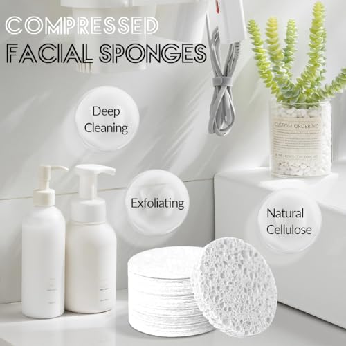 50-Count Facial Sponges Compressed Natural Cellulose Sponge Round Shape Face Sponge for Face Cleansing Exfoliating and Makeup Removal, White - color: 50- Pack White