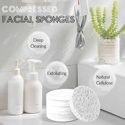 50-Count Facial Sponges Compressed Natural Cellulose Sponge Round Shape Face Sponge for Face Cleansing Exfoliating and Makeup Removal, White - color: 50- Pack White