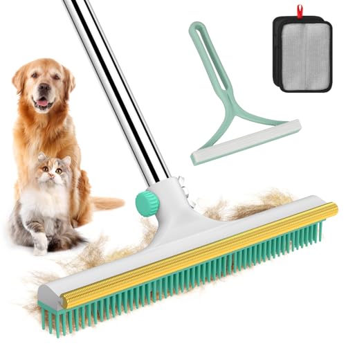Carpet Rake for Pet Hair Removal - 60" Adjustable Long Handle Carpet Rake, 3 in 1 Reusable Pet Hair Removal Tool Kit, Cat Dog Fur Rakes Scraper Carpet Broom (White) - color: White, size: 60inch