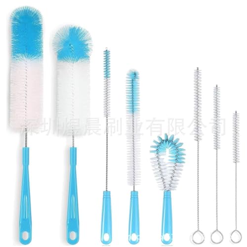 Water Bottle Brush - Heavy Duty Reinforced Core & Stiff Bristles for Narrow Neck Flask | Baby Bottle Cleaner Kit with Long Straw Cleaner, 3 in 1 Cup Lid Gap Tool (8, Blue) - color: Blue