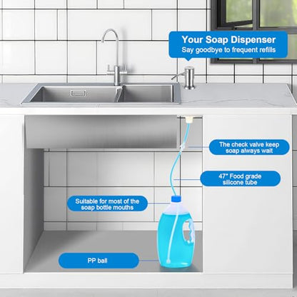 Soap Dispenser for Kitchen Sink, Upgrade Built in Sink Soap Dispenser Brushed Nickel, Countertop Sink Soap Dispenser Pump with 47" Extension Tube kit, No Need More Refills - color: Brushed Nickel