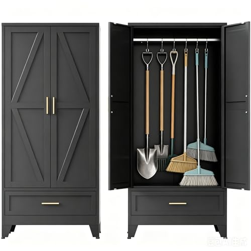 71" H Broom Closet Storage Cabinet,Laundry Storage Cabinet,Metal Garage Storage Cabinet,Black Storage Cabinets,Utility Cabinet - color: Black, size: 71"H-1 Drawers