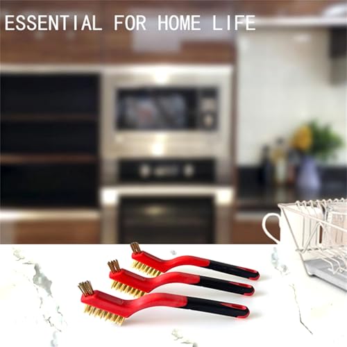 Wire Brush Set 3pcs - Brass Bristles with Curved Handle Grip for Rust Removal, Dirt, Paint Scrubbing, Crevice Cleaning Brush for Bathroom Gap, Home, Kitchen, Bathroom, Window, Vehicle, Faucets, Etc - style: Brass