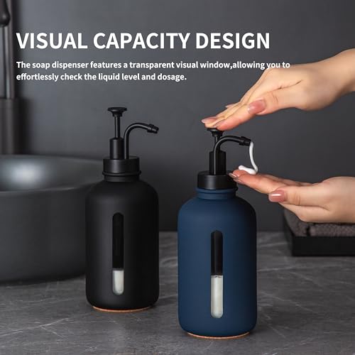 Enra Glass Soap Dispenser with Window,17oz Blue Hand Soap Dispenser Stainless Steel Hand Pump,Countertop Lotion Bottle for Bathroom Kitchen(Blue-Liquid - color: Liquid-blue2