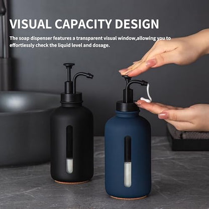 Enra Glass Soap Dispenser with Window,17oz Blue Hand Soap Dispenser Stainless Steel Hand Pump,Countertop Lotion Bottle for Bathroom Kitchen(Blue-Liquid - color: Liquid-blue2