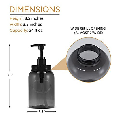 24 oz Wide Mouth Plastic Bottle Dispensers, Gray, Set of 4 | Pump containers, high-viscosity, lotion pumps, easy refills, refillable, reusable, thick plastic - color: Gray