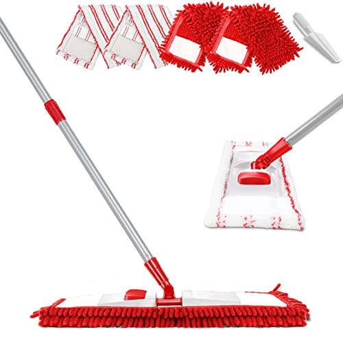 MASTERTOP Microfiber Mop for Floor Cleaning, Flat Dust Mop for Home and Kitchen, Adjustable Stainless Steel Handle with 4 Washable Mop Pads, Hardwood Floor Mop for Wood, Vinyl, 1 Cleaning Scraper - color: Red, size: 18"*4.8"