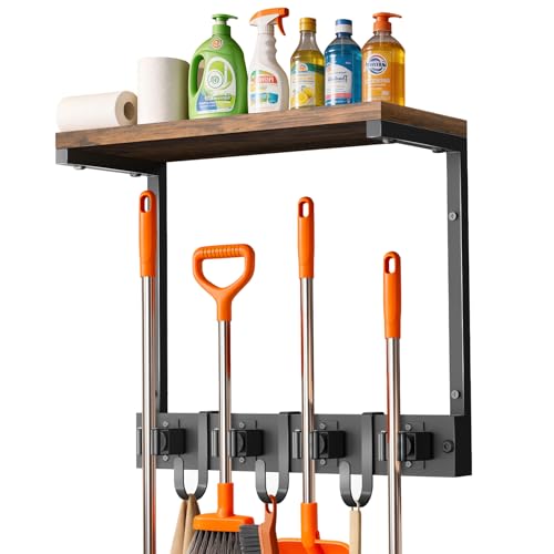 Supforce Broom Holder Wall Mount with Top Wooden Shelf, Heavy Duty Metal Cleaning Supplies Broom Hanger with 4 Slots & 3 Hooks for Laundry Garage Tool Storage Kitchen (Small) - color: Black, size: Small