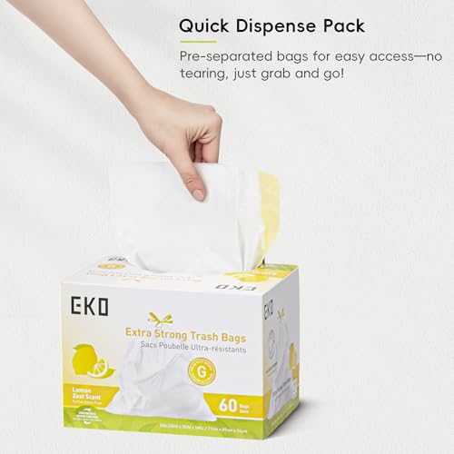 EKO 21 Gallon / 50-90 Liter, 60 Count Drawstring Trash Bags, Extra-Strong Garbage Bags, Lemon Zest Scent with Continuous Odor Control, Easy-Dispense Roll for Kitchen and Household Use, Code G, White - size: 60 Count (Pack of 1), style: 21 Gallon Bags/Code
