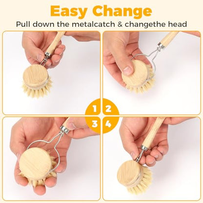 Bamboo Dish Brush Set, 5 Pcs Wooden Kitchen Scrubber – Long Handle Dish & Cup Brush, Short Handle Sisal & Coarse Brown Brush, Includes Square Tray, Ergonomic Natural Cleaning Kit for Pots Pans Bottles - color: Log Color 5pcs