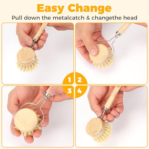 10 Pcs Bamboo Dish Brush Set, Wooden Dish Brush with Long Handle Cup Brush, Short Handle Sisal & Coarse Brushes, Square Rack Tray, Natural Bamboo Bottle Brush for Pots, Pans,Vegetables - color: Log Color 10pcs