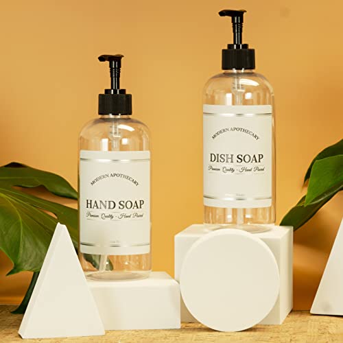 Clear Refillable Hand and Dish Soap Dispenser Set with Pumps for Kitchen Sink - PET Plastic Soap Bottles Refillable with Pump - Waterproof Labels - 16 oz, 2 Pack (Black Plastic) - color: Black Pumps
