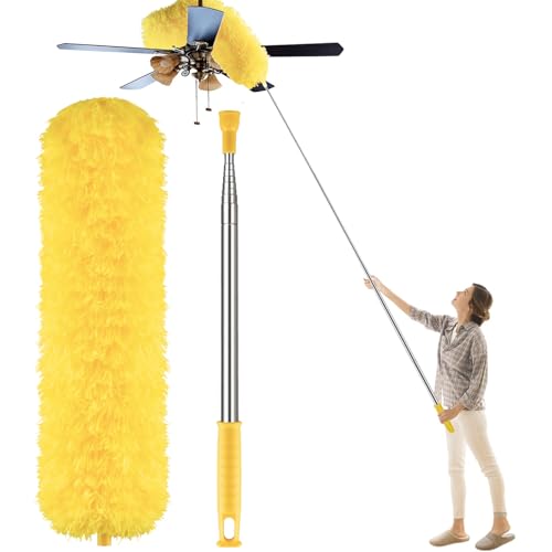 Dusters for Cleaning High Ceiling Fan, Newliton Microfiber Feather Duster with 30'' to 100'' Telescoping Extension Pole, Long Extendable Duster for Home Car Furniture Cobweb, Yellow - color: Yellow