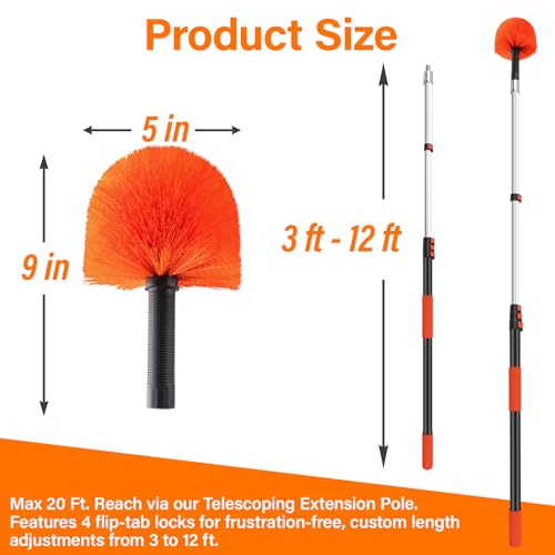20FT Cobweb Duster with Extension Pole - High Reach Duster for High Ceilings & Outdoor Use - Telescoping Pole 3-12 Ft, Soft Bristles Cobweb Cleaner - 3/4" Acme Universal Thread - size: 12 FT