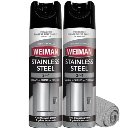 Weiman Stainless Steel Cleaner & Polish, 2 Pack Aerosol, Anti Fingerprint Spray Stainless Steel Cloth, Water Spots & Grease, No Streaks or Residue, Safe for Metal Polish, Chrome, Appliances & Sinks - size: 34 Ounce (Pack of 1)